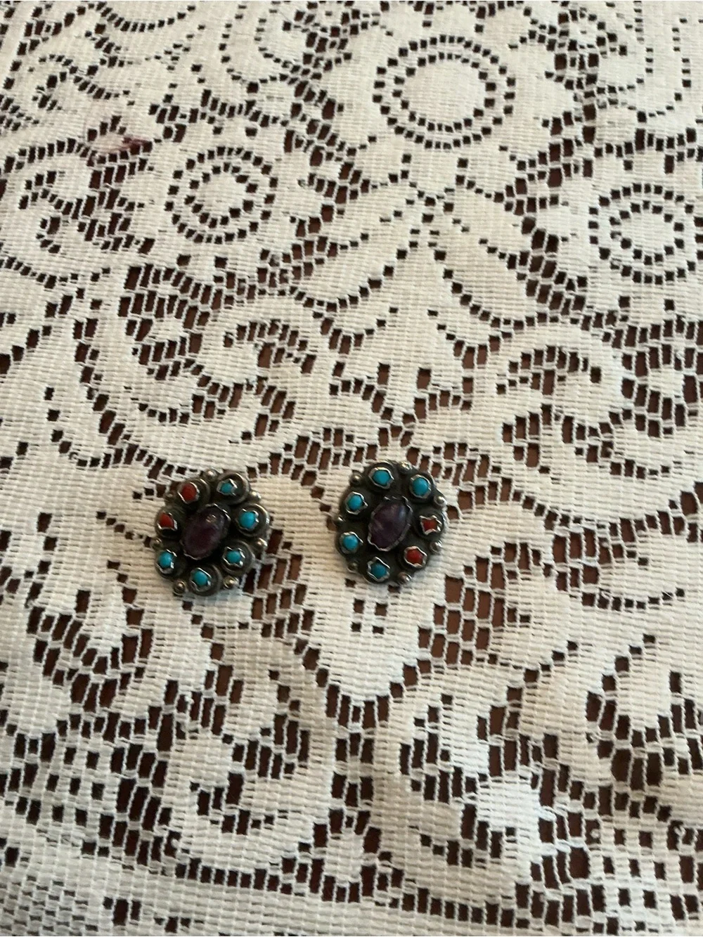 Handcrafted Turquoise, Amethyst & coral Floral Cluster Earrings - clip on